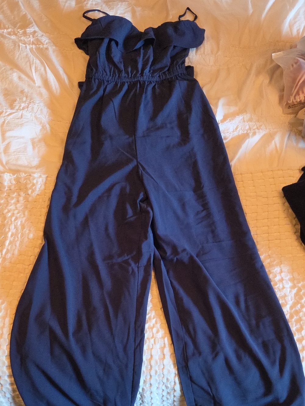 Women’s Navy Wide-Leg Jumpsuit with Ruffle Bodice Medium